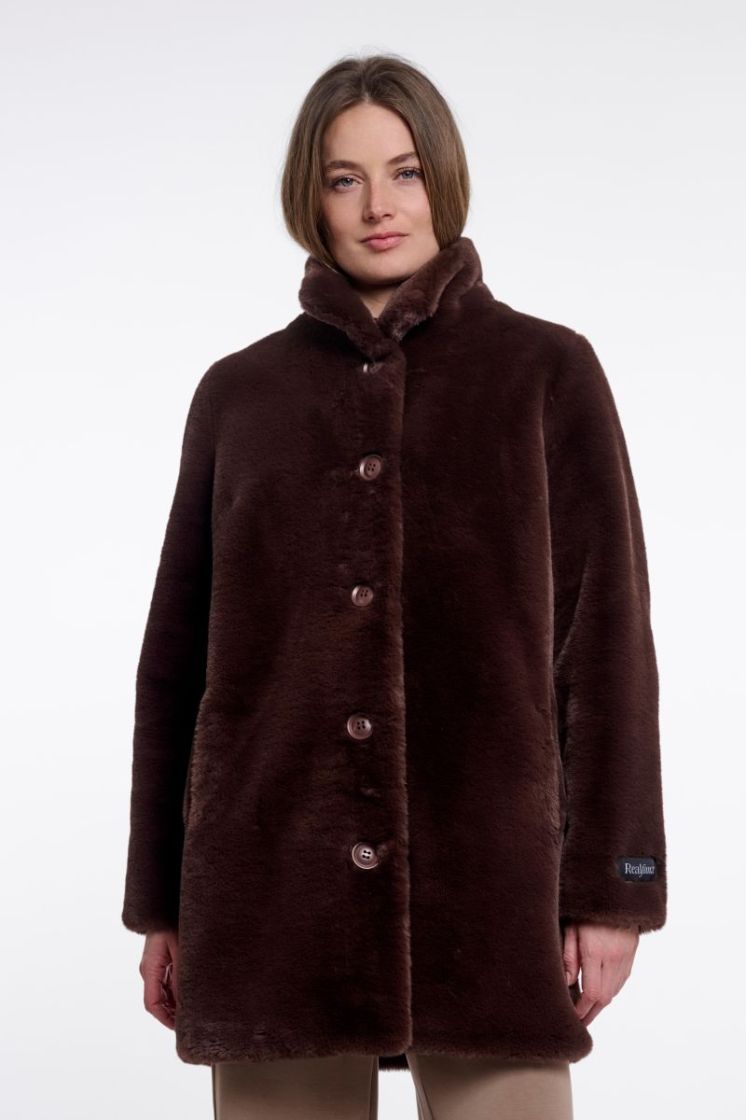 Single breasted faux fur coat Coffee roast