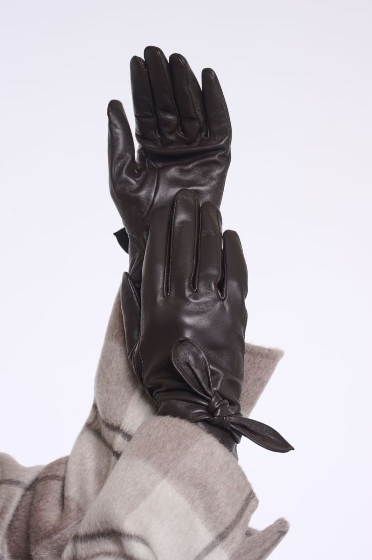 Leather gloves with bow detail Coffee roast 
