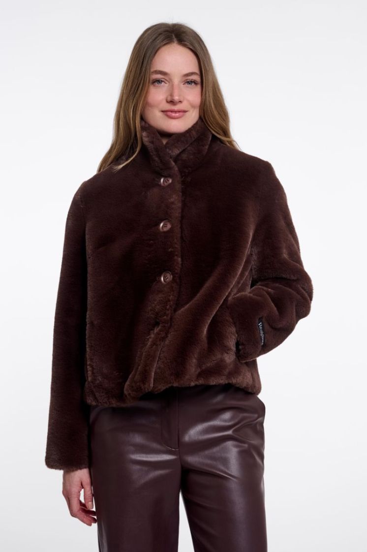 Single breasted faux fur jacket Coffee roast